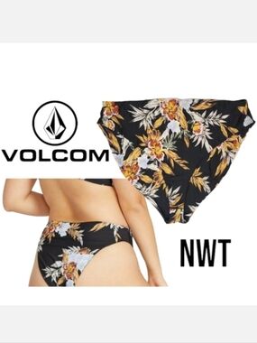 Volcom Simply Inked Black Tropical Floral Print Skimpy Bikini Bottom 14W NWT